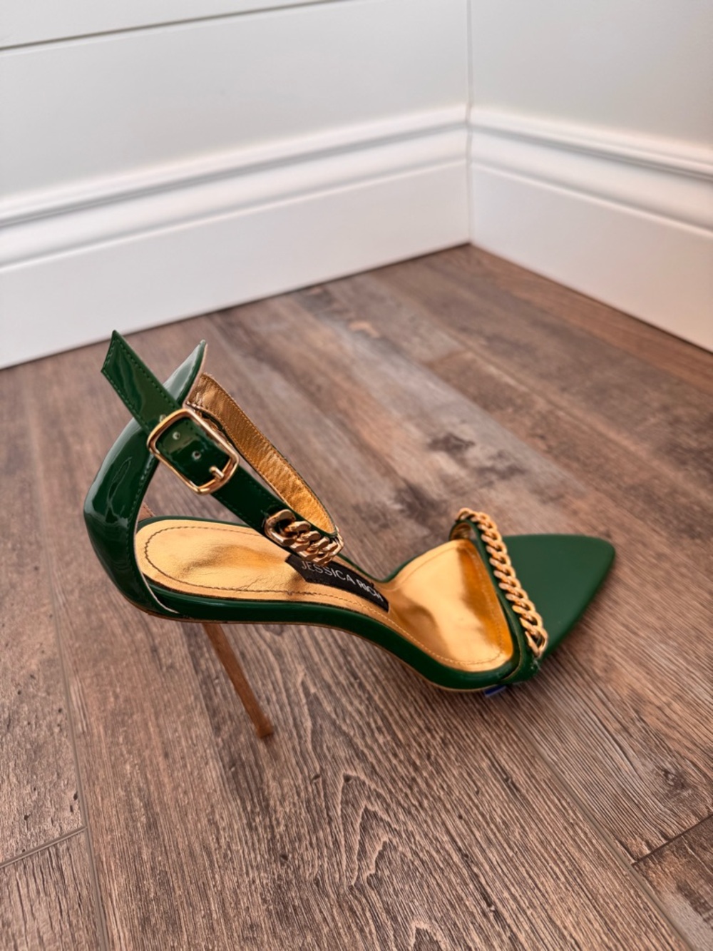 Jessica Rich Emerald Patent Leather High Heel Sandal with Gold Chain